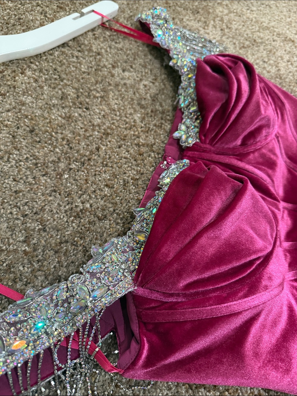 Portia and Scarlett Off-Shoulder Fuchsia Velvet Evening Gown with Beaded Fringe - Picture 4 of 13